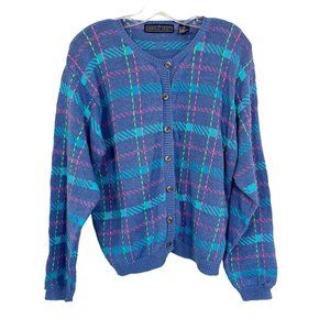 Vintage Herman Geist Colorful Plaid Button Cardigan Sweater 90s Preppy LARGE